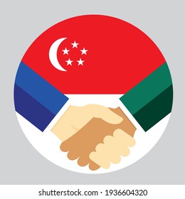 Los socios dan la mano con la bandera de Singapur. Ilustración vectorial de estilo plano.