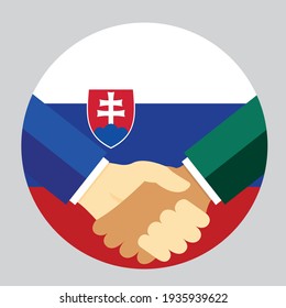 Los socios dan la mano con la bandera de Eslovaquia. Ilustración vectorial de estilo plano.