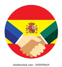 Partners handshake with the flag of Spain. Vector flat style illustration.