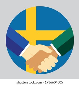 Partners handshake with the flag of Sweden. Vector flat style illustration.