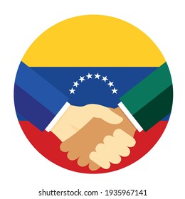 Partners handshake with the flag of Venezuela. Vector flat style illustration.