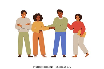 Partners handshaking with respect, business teams collaborate. Unity and support between colleagues in company. Start up and work project begining. Vector illustration