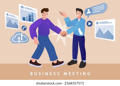 partners handshaking. Teamwork and negotiation concept. businessmen handshake, cartoon flat design style. Finance. Financial intermediaries. Vector outline illustration. - Powered by Shutterstock - Get 15% off with code: PIKWIZARD15