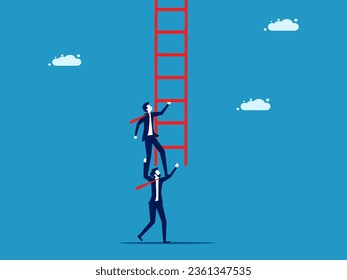 Partners help achieve goals. Businessman colleagues support him to climb the stairs