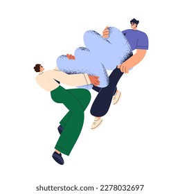 Partners holding abstract shape together. Partnership, team work, business cooperation, synergy concept. Creative characters in collaboration. Flat vector illustration isolated on white background