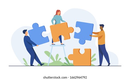 Partners Holding Big Jigsaw Puzzle Pieces Flat Vector Illustration. Successful Partnership, Communication And Collaboration Metaphor. Teamwork And Business Cooperation Concept.