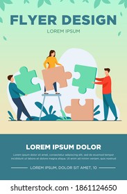 Partners holding big jigsaw puzzle pieces flat vector illustration. Successful partnership, communication and collaboration metaphor. Teamwork and business cooperation concept.