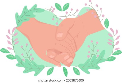 Partners holding hands 2D vector isolated illustration. Lovers gesture. Romantic relationship flat first view hand on cartoon background. Relations with significant other colourful scene