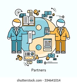 Partners icon flat design concept. Business partnership, teamwork and team cooperation, contract deal handshake, collaboration professional, corporate startup growth illustration