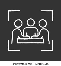 Partners, investors, businessmen chalk icon. Company meeting, conference. Friends, colleagues, coworkers in focus frame. Board of directors. Partnership. Isolated vector chalkboard illustration