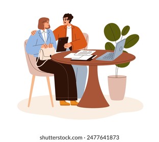 Partners meeting for business discussion with documents and laptop on desk. Couple at round table, speaking, discussing work, partnership. Flat vector illustration isolated on white background