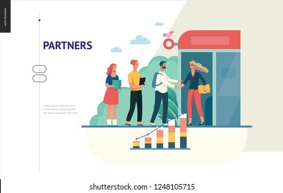  partners -modern flat vector illustration concept of people shaking their hands in the office entrance. Business workflow management. Creative landing page design template