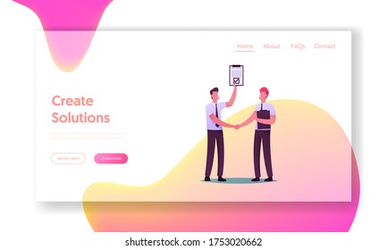 Partners and Partnership Landing Page Template. .Business Men Characters Handshaking. Businesspeople Meeting for Project Discussion, Shaking Hands Agreement. Cartoon People Vector Illustration