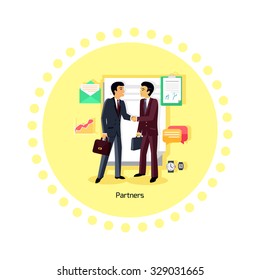Partners people icon flat design. Partnership business, man and teamwork, cooperation contract, deal and handshake, professional corporate, communication and coworking illustration