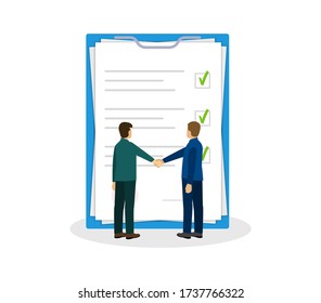 Partners shake hands. Document papers. Agreement and contract. Vector flat design.