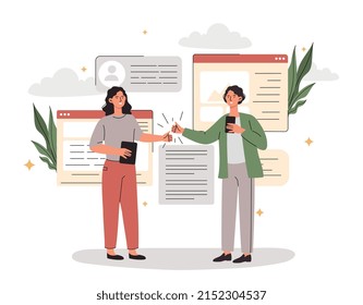 Partners shake hands. Man and girl conclude contract, successful negotiations. Partnership and joint projects of two organizations. Investor and entrepreneur. Cartoon flat vector illustration