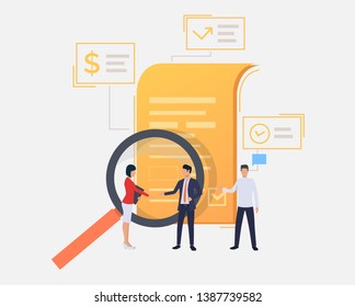 Partners shaking hands at contract. Magnifying glass, agreement, partnership. Contract concept. Vector illustration can be used for topics like business, internet, legal service