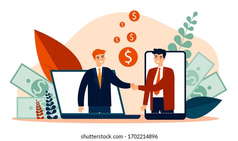 Partners shaking hands flat vector illustration. Businessman and sponsor beginning startup. Partnership, teamwork and relationship concept.