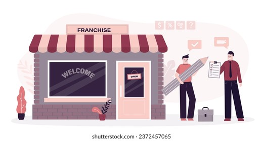 Partners sign franchise agreement. Network business development model. Owner transfers license to use brand and franchise to new partner. Businessmen enter into an agreement. Successful deal. vector