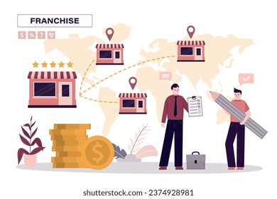 Partners sign franchise agreement. Successful network business development model. Owner transfers license to use brand and franchise to new partner. Businessmen enter into an agreement, deal. vector