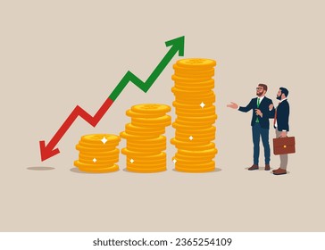 Partners standing near coin piles and arrow up and down. Risk, fluctuation in stock market. Analyze data, profit and Company growth. Vector illustration.