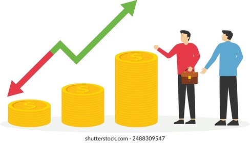 Partners standing near coin piles and arrow up and down. Risk, fluctuation in stock market. Analyze data, profit and Company growth. Vector illustration.


