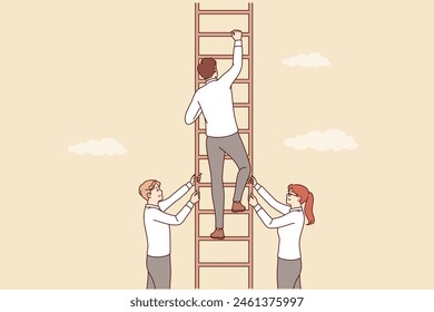 Partners support business man climbing career ladder and striving to achieve success and gain opportunities. Teamwork of ambitious people achieving progress in professional growth along career ladder