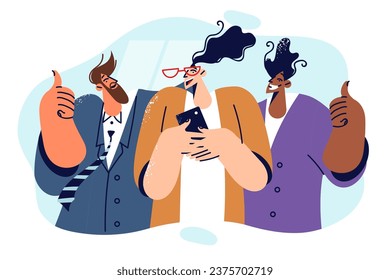 Partners support businesswoman with phone and show thumbs up as sign of solidarity. Businessman with partners rejoice at making successful deal or beating deadlines and ahead of sales plan