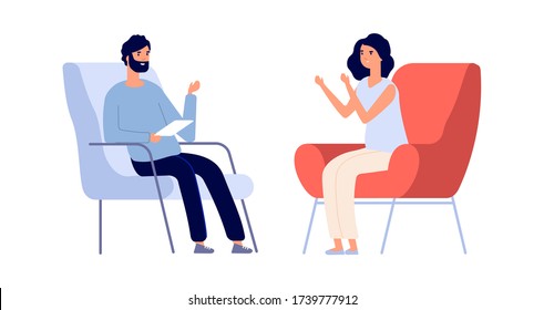 Partners talking. Man woman discuss problems. Flat psychotherapist consulting young girl. Female mental disorder, individual psychological consultation vector concept