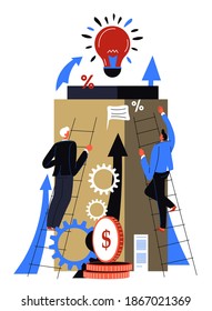 Asociados que trabajan juntos en proyectos, trabajo en equipo de hombres de negocios. Caracteres con medios para lograr resultados. Idea y éxito de los colegas. Empleados o jefes que mejoran sus negocios. Vector de estilo plano