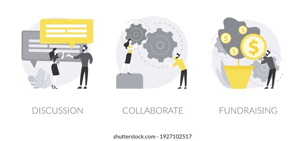 Partnership abstract concept vector illustration set. Discussion, collaboration project, business fundraising, startup investment, brainstorming, work together and share opinion abstract metaphor.