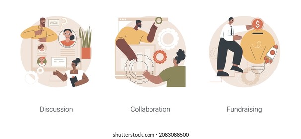 Conjunto de ilustraciones vectoriales de concepto abstracto de asociación. Discusión, proyecto de colaboración, recaudación de fondos de negocios, inversión en start-ups, lluvia de ideas, trabajar juntos y compartir una metáfora abstracta de opinión.