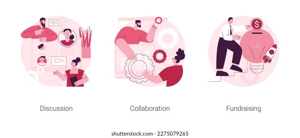 Partnership abstract concept vector illustration set. Discussion, collaboration project, business fundraising, startup investment, brainstorming, work together and share opinion abstract metaphor.