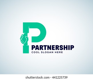 Partnership Abstract Vector Logo Template. Hand Shake Incorporated in Letter P Concept. Isolated.