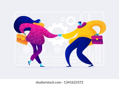 Partnership and agreement, cooperation and deal completed concept. Vector isolated concept illustration. Small heads and huge legs people. Hero image for website.