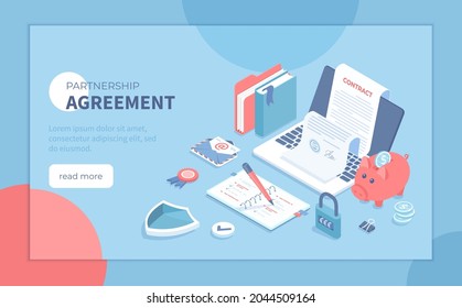 Partnership Agreement Deal Successful business concept. Online contract inspecting and signing, document with electronic signature, stamp. Isometric vector illustration for banner, website.