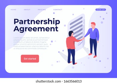 Partnership Agreement illustration webpage landing template. Two people signed the agreement by shaking the hands