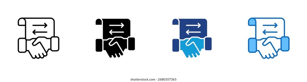 Vector de diseño de íconos de estilo múltiple - apretón de manos frente a un documento con dos flechas opuestas. Acuerdo de asociación. Representa el Acuerdo de colaboración, el entendimiento mutuo y la negociación de contratos