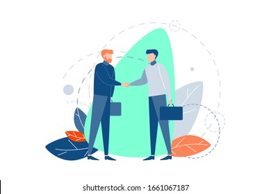 Partnership, agreement, negotiation, business concept. Two businessmen partners made deal at meeting in office. Boys managers came to agreement at negotiations, shaking hands. Team. Flat vector
