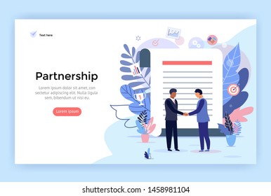 Partnership and agreement signing concept illustration, two business man shaking hands, perfect for web design, banner, mobile app, landing page, vector flat design