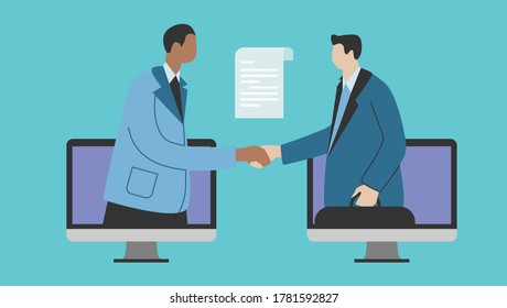 Partnerschaft und Vereinbarung, Vektorgrafik. Zwei Geschäftspartner schütteln sich online über Computer. 