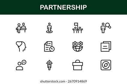 Partnership and Alliance Icons – Flat Linear Outline Vector Collection of Handshake, Collaboration, Agreement, Teamwork, Contract, Business Deal, Minimal Clean Pack for UI and Infographics