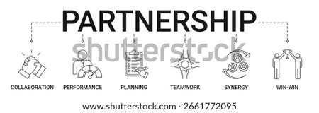 Partnership Banner with collaboration, performance, planning, teamwork, synergy, and win-win icon concept illustration 