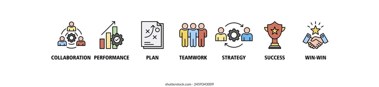 Partnership banner web icon vector set illustration concept with icon of collaboration, performance, plan, teamwork, synergy, success and win-win solution