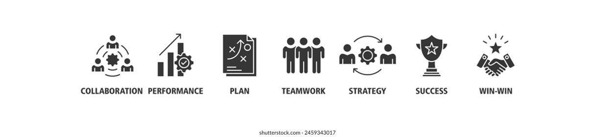 Partnership banner web icon vector set illustration concept with icon of collaboration, performance, plan, teamwork, synergy, success and win-win solution