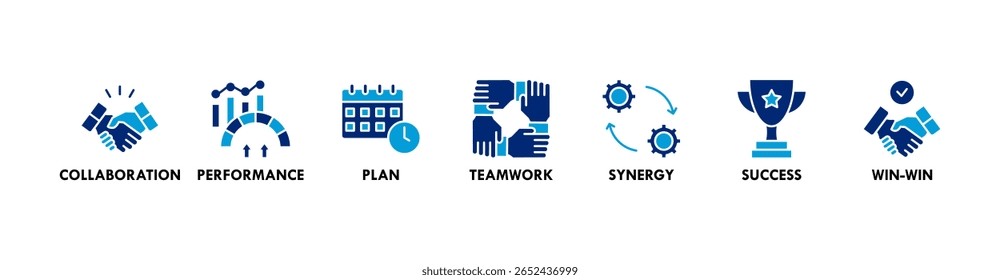 Ilustração vetorial do ícone da Web da bandeira da parceria com ícone de colaboração, desempenho, plano, trabalho em equipe, sinergia, sucesso e solução ganha-ganha