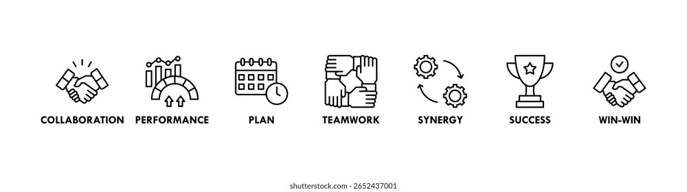 Ilustração vetorial do ícone da Web da bandeira da parceria com ícone de colaboração, desempenho, plano, trabalho em equipe, sinergia, sucesso e solução ganha-ganha