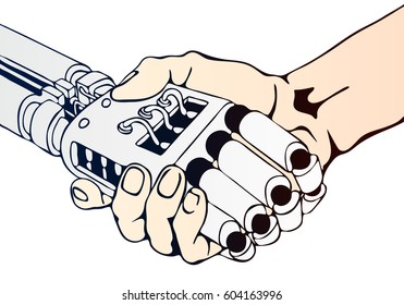 Partnership between human and robot. Business handshake concept. Hand drawn vector illustration isolated on white background