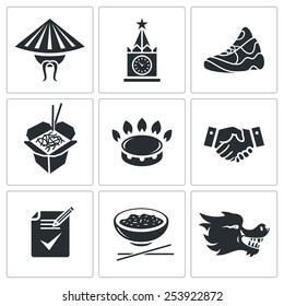 The partnership between Russia and China Vector Icons Set