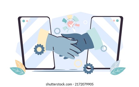 Partnership and business collaboration banner, flat cartoon vector illustration isolated on white background. Business cooperation and online agreement or deal development, networking.